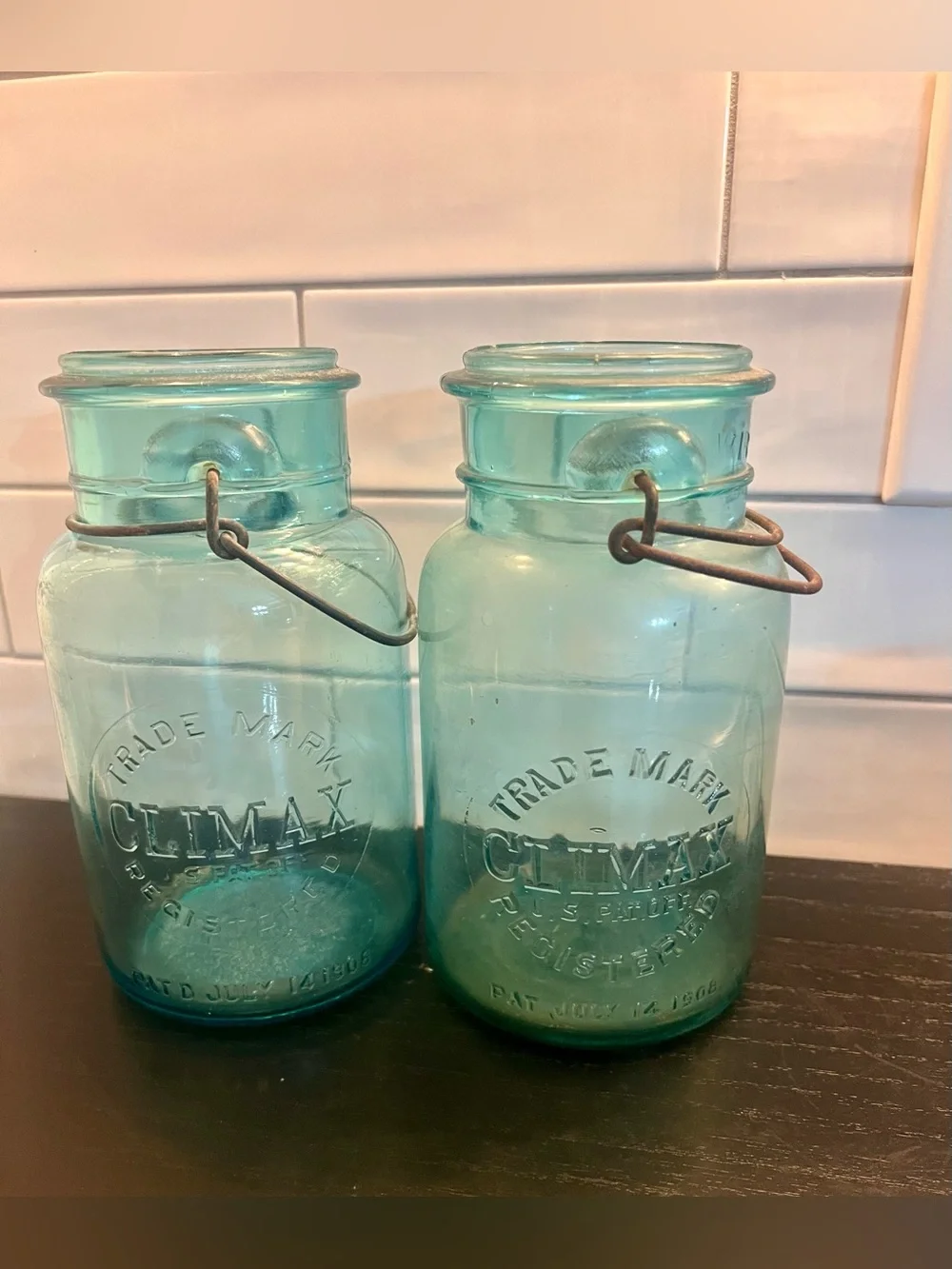 Vintage Climax Embossed Aqua Glass Storage Jars - Set of 2